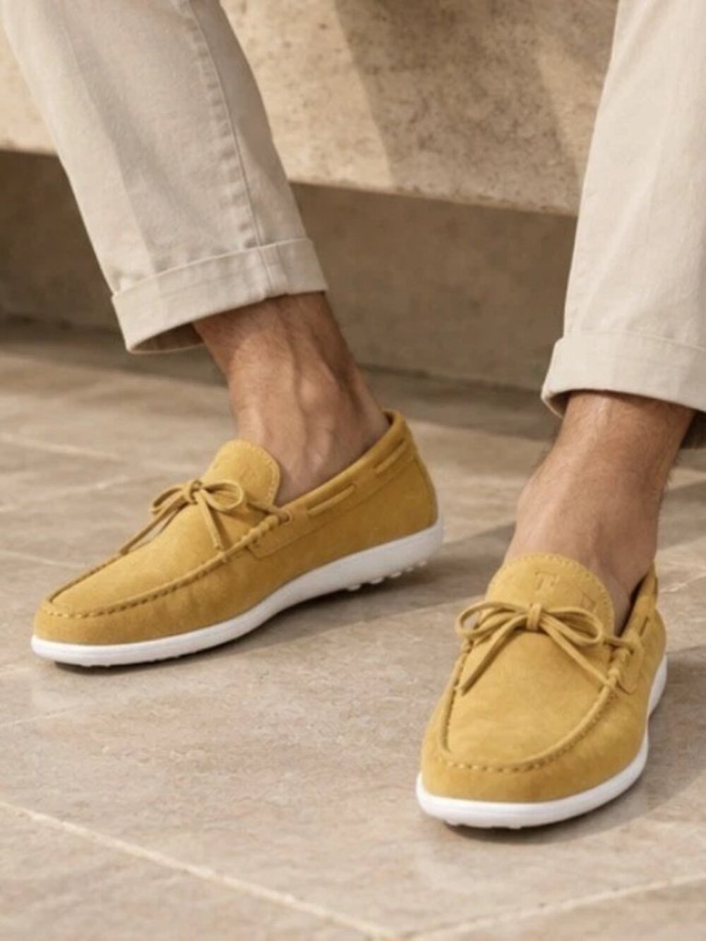 Authentic Tod’s Men’s Mustard Yellow Suede Lace-Up Driving Loafers White Sole 6